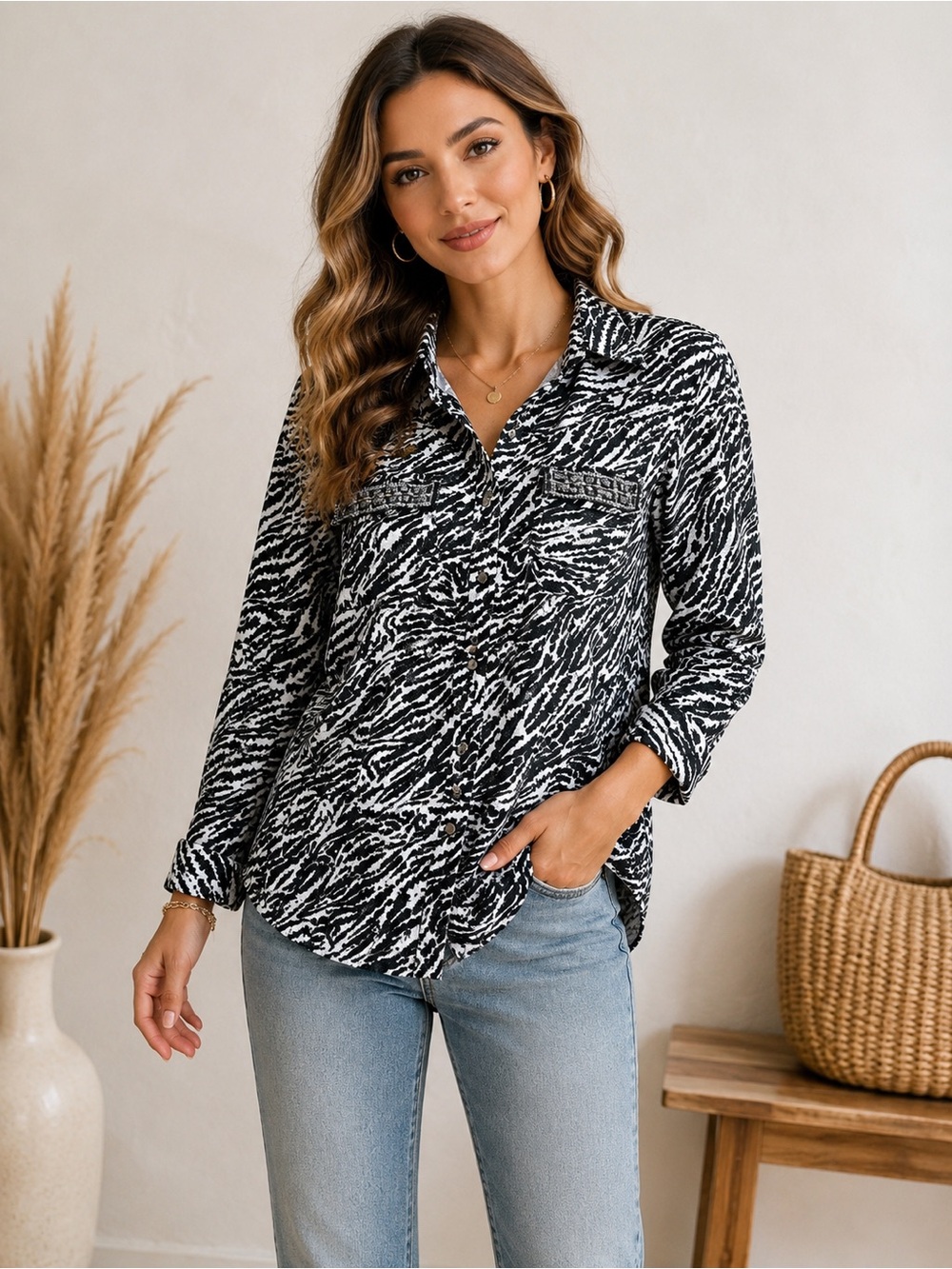 Cato Zebra Print Rhinestone Button Down Blouse Size M Black White Y2K Festival